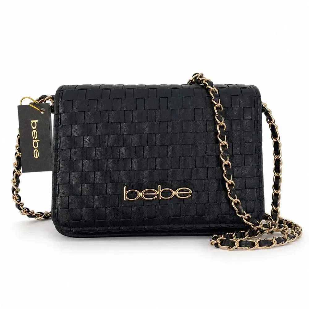 Bebe Yara Woven Vegan Leather Crossbody Bag Black Gold Chain NWT